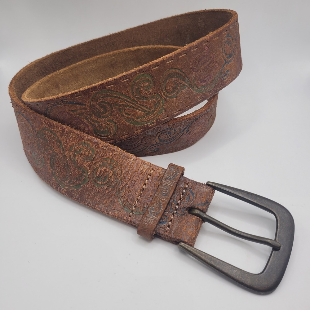 Brown Leather Belt Small Floral Tooled Distressed Western Boho Cowgirl Artisan